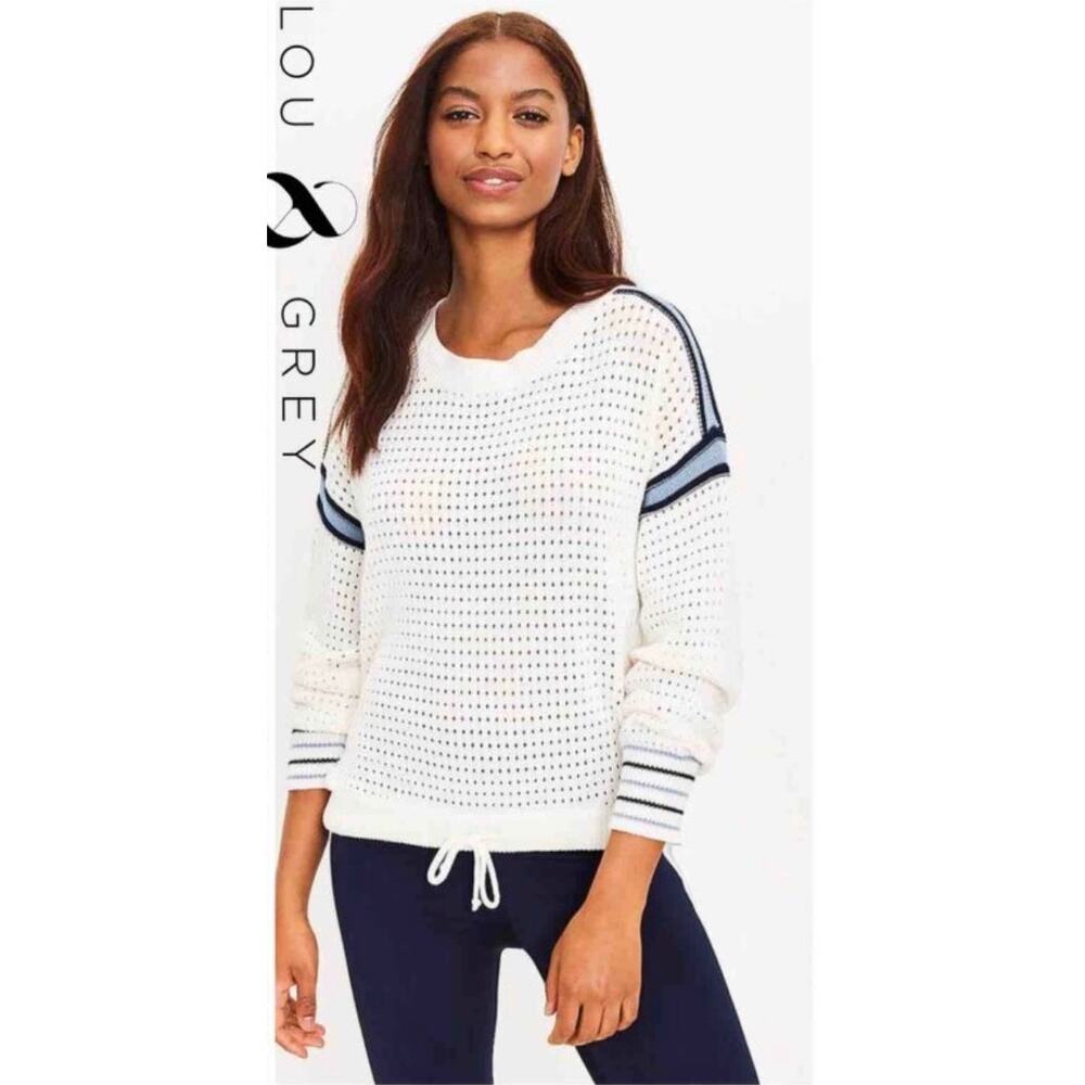 Lou & Grey Sporty Striped Pointelle Crochet Knit Drawstring Hem Sweater Medium
